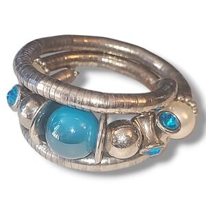 Silver Tone Chunky Wrap Bracelet Bright Blue Beads Statement Bracelet Armband